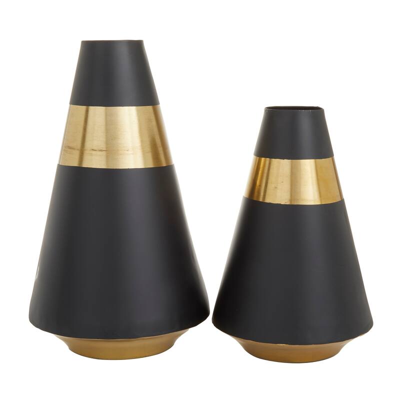 Distinct Metal Vase with Gold Band (Set of 2) - Black or White