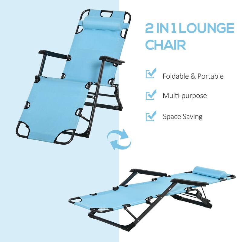Outdoor Folding Chaise Lounge, 2-in-1 Tanning Chair with Pillow，Armrests & Pocket