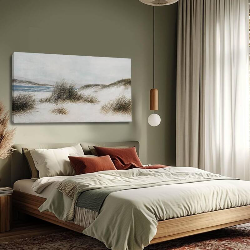 Beige Seaside Wall Decor Canvas Painting Weed Ocean Artwork