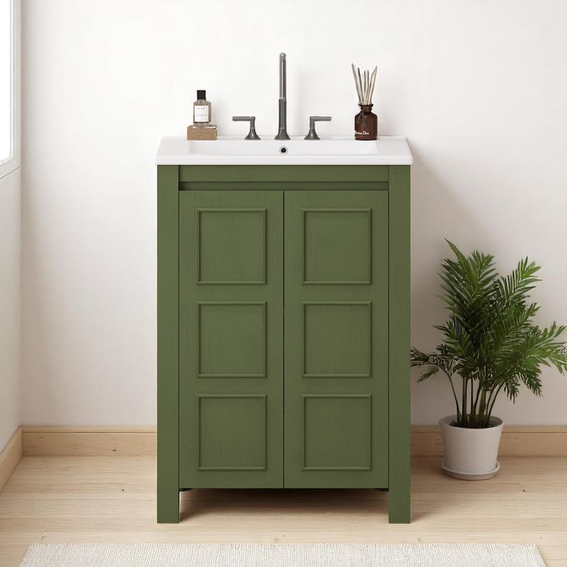 24" Vintage Bathroom Vanity with Ceramic Sink, 2 Soft-Close Doors, Adjustable Shelf, Solid Wood Frame - Olive Green