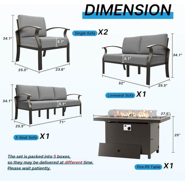 dimension image slide 13 of 14, Aluminum Patio Outdoor Sectional Sofa Set with Fire Pit, Swivel Rocking Chairs and Ottomans