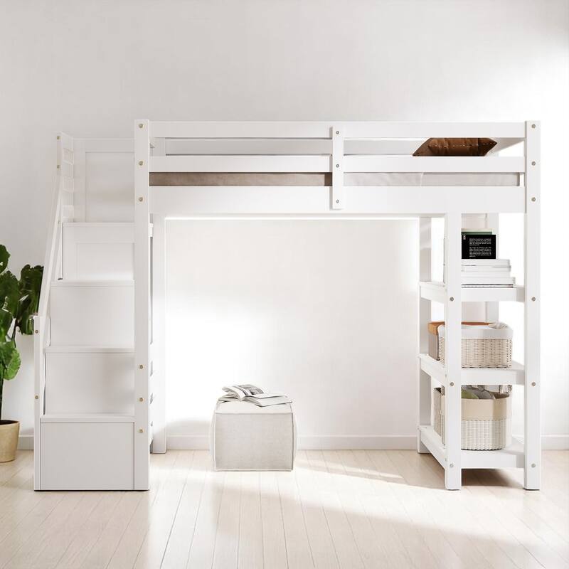 Twin/Full Size White Loft Bed with Storage Shelves, Staircase, Wardrobe & LED Light - Pine Wood Frame