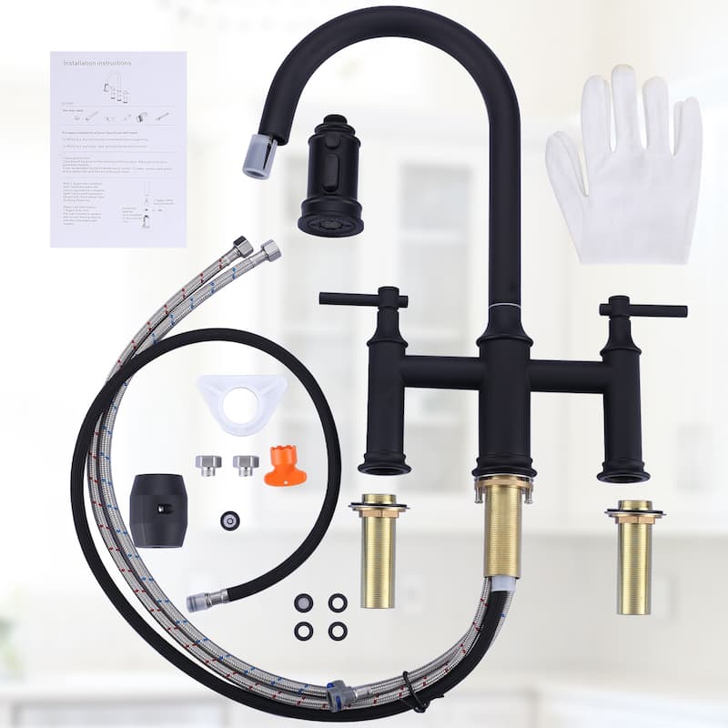 WOWOW Double Handle Pull Down Sprayer Bridge Kitchen Faucet