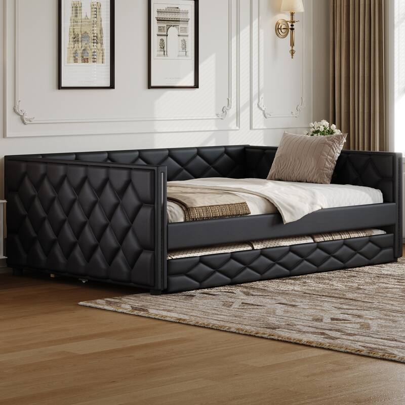 Full XL Upholstered Daybed with Trundle and LED Lighting, Black PU Leather Sofa Bed