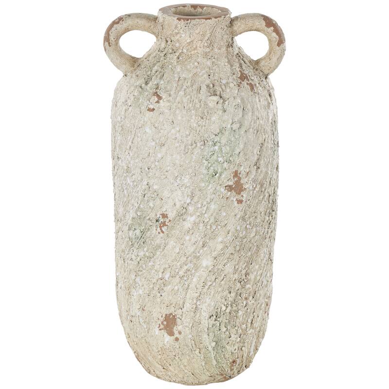 Cream Magnesium Oxide Antique Textured Amphora Vase with Brown Distressing