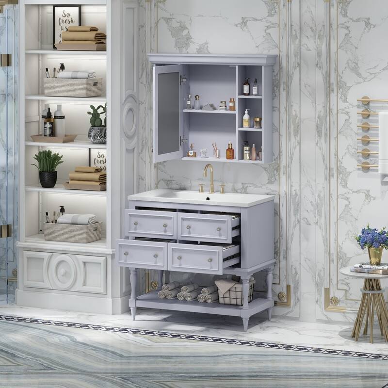 36 inch MDF Freestanding Bathroom Vanity Set with Integrated Resin Sink with Mirror cabinet