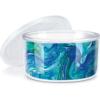 Blue Green Marble Double Wall Insulated Unbreakable Plastic Bowl with Lid Holds 22 Fluid Ounces Microwave Safe Dishwasher Safe