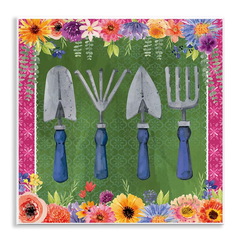 Stupell Gardening Tools & Floral Border Wall Plaque Art Design By Nicole DeCamp - 12 x 12