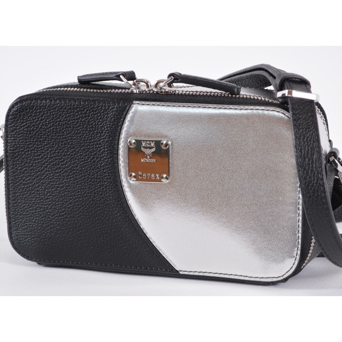 MCM Silver Black Double Zip Leather Crossbody Camera Bag Purse