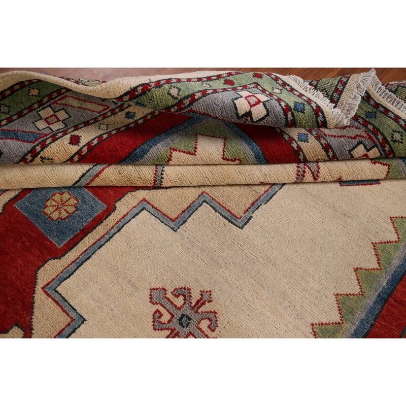 Geometric Beige Kazak Oriental Rug Hand-Knotted Bedroom Wool Carpet - 5'0" x 6'6"
