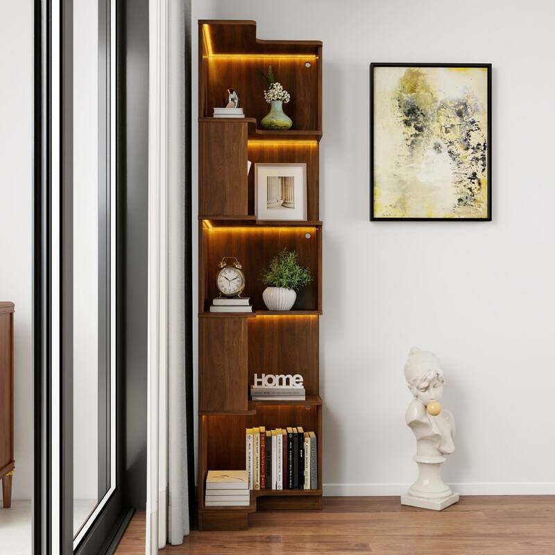 68.90"H Freestanding 5-Tier Corner Bookshelf Bookcase Display Shelf with Baffle