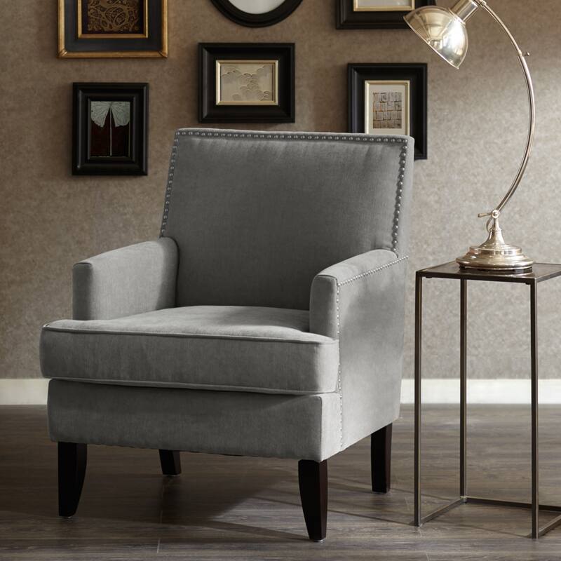 Roomfitters Track Arm Club Chair with Nailhead Trim, Upholstered Accent Chair with Solid Wood Legs and Removable Cushion, Grey