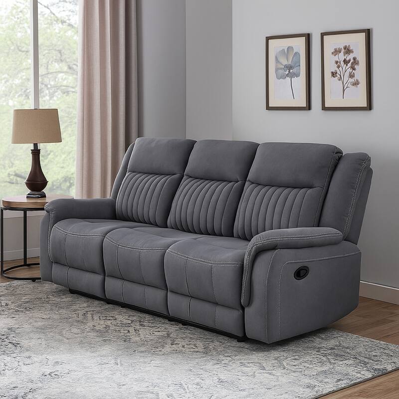 Lenny Manual Double Reclining Sofa, Gray Microfiber, Foam, 86 Inch