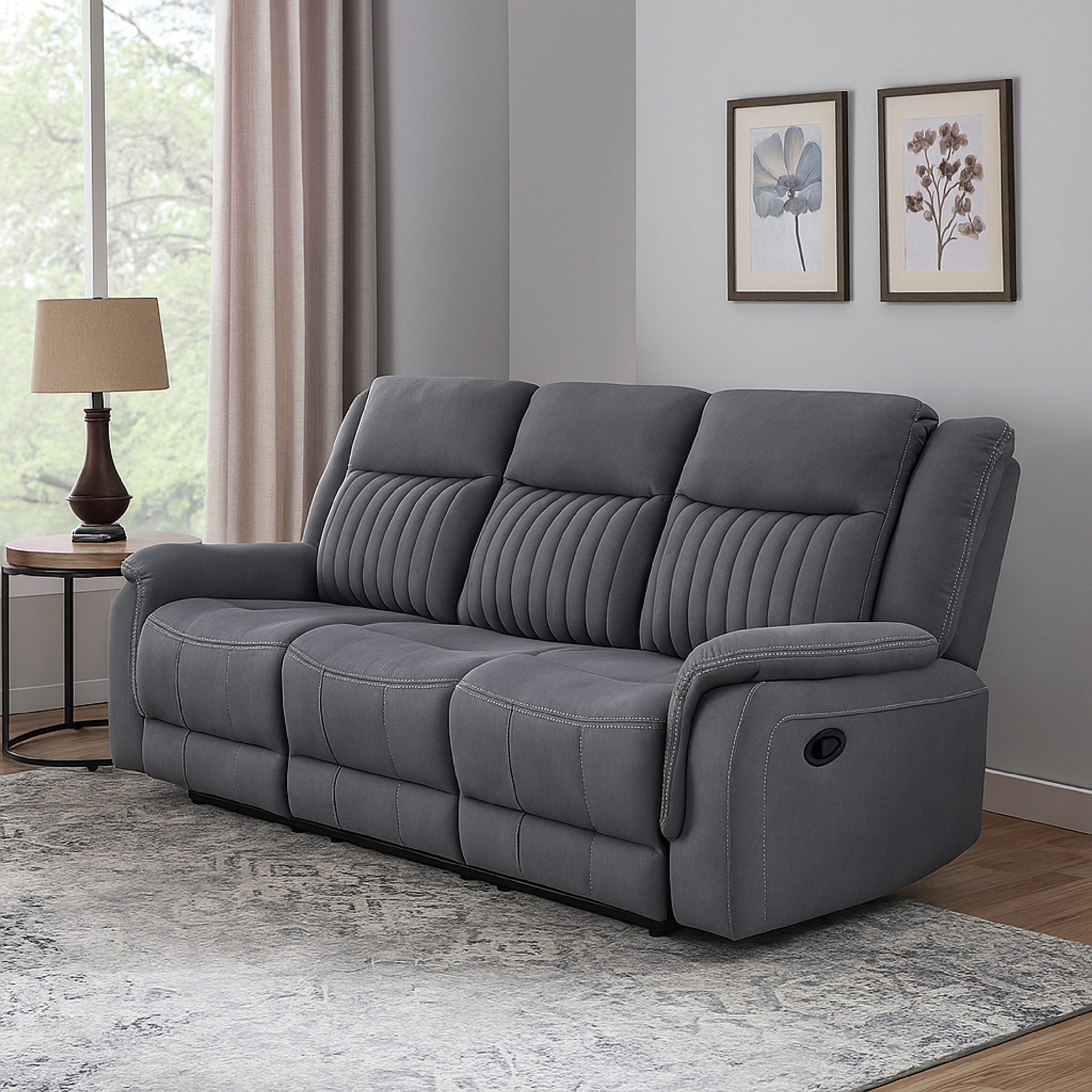 Benjara Lenny Manual Double Reclining Sofa, Gray Microfiber, Foam, 86 Inch