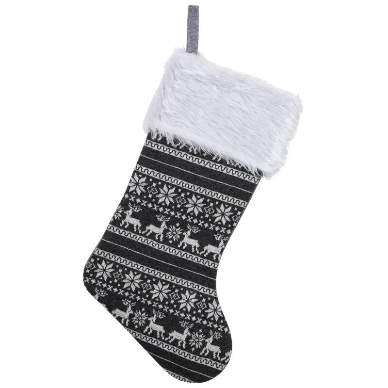 19" Gray White Reindeer Snowflake Christmas Stocking Faux Fur Cuff