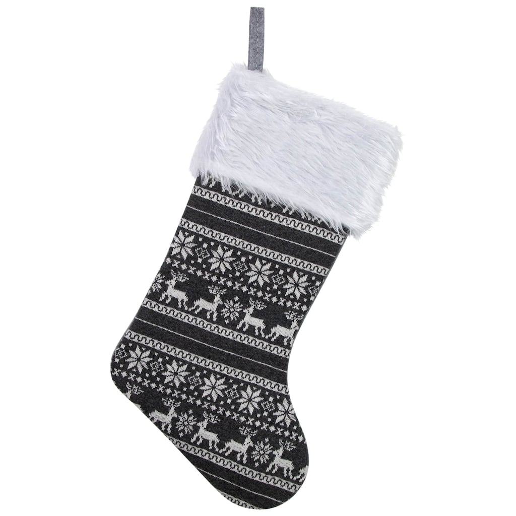 19" Gray White Reindeer Snowflake Christmas Stocking Faux Fur Cuff