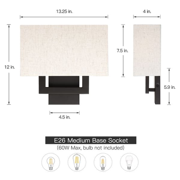dimension image slide 0 of 3, 12in H Dark Bronze Wall Sconce Light With Oatmeal Fabric Shade