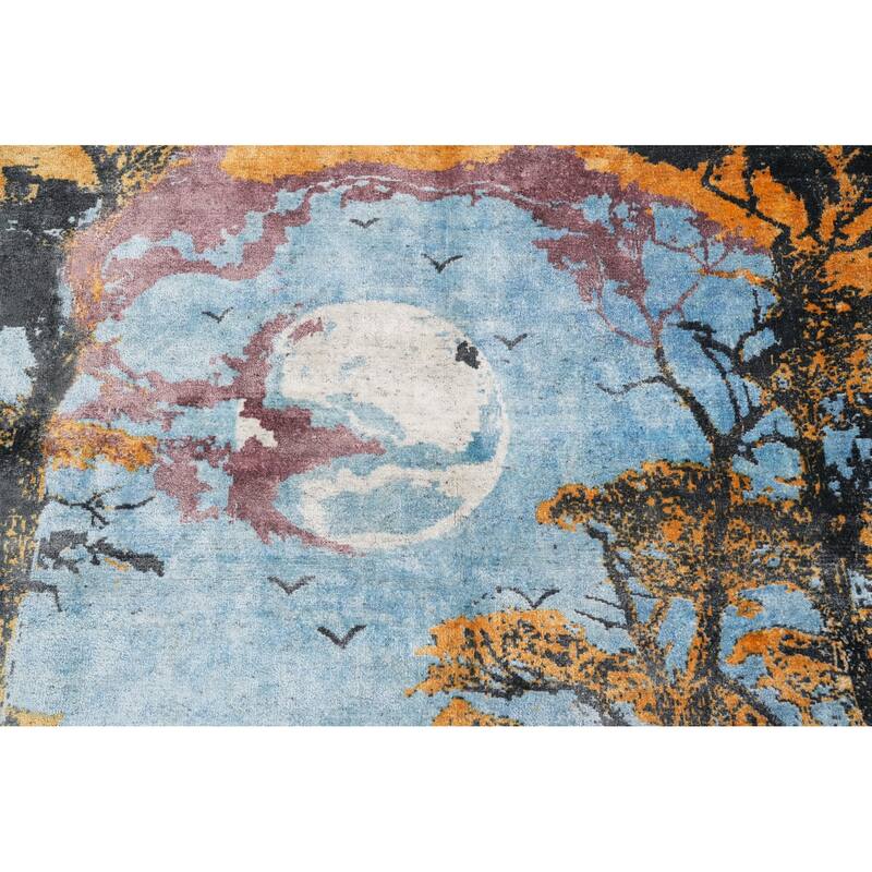 Hand Knotted Oriental Viscose Silk Carpet Modern Pictorial Navy Blue & Blues Abstract Area Rug - 7' 7'' X 5' 8''