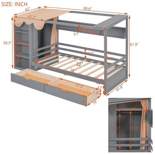 dimension image slide 3 of 6, House Platform Bed with Open Pent Roof, Built-in Wardrobe, 4 Side Compartments, 3 Top Shelves, 2 Drawers, Curtain Fabric