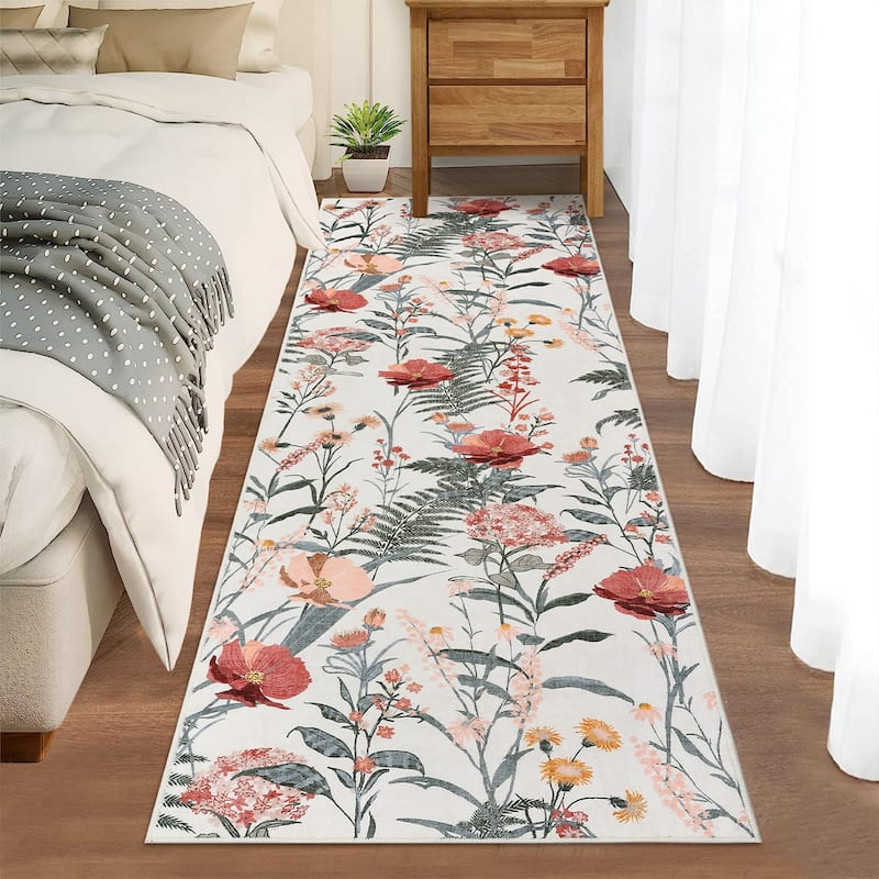Modern Living Room Rugs Floral Rustic Area Rug Soft Foldable Accent Rug Low Pile Non-Slip Rug for Dining Room Office