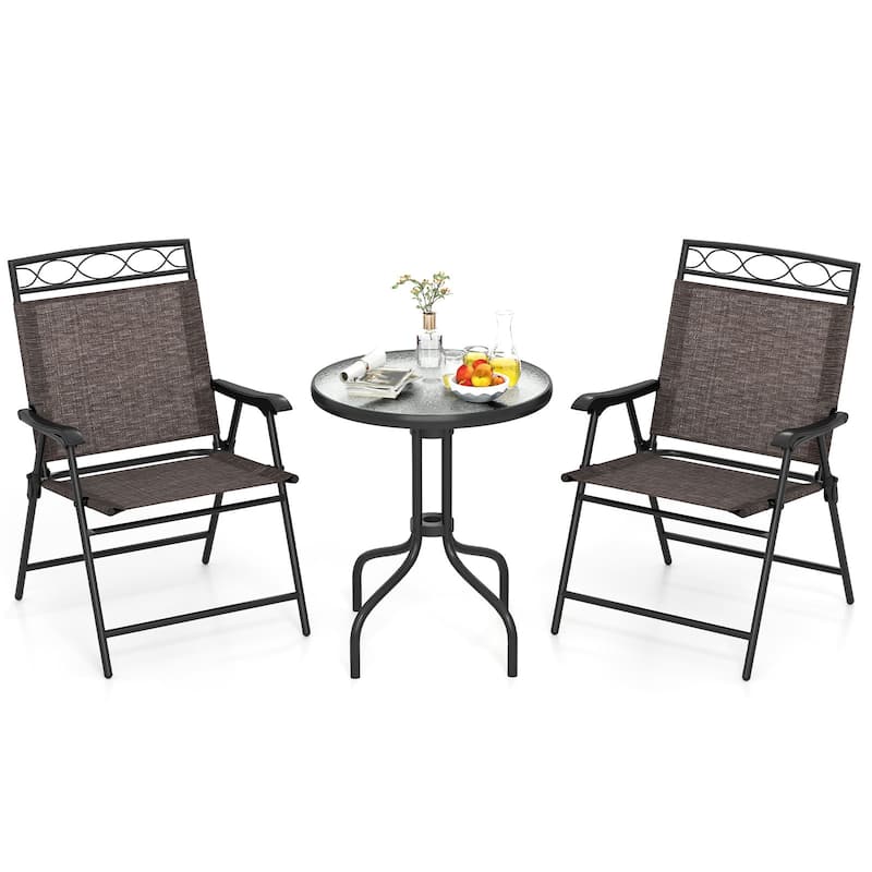 3 Pieces Foldable Outdoor Bistro Table and Chairs Set with Metal Frame and Comfortable Seating - 22" x 25.5" x 37"