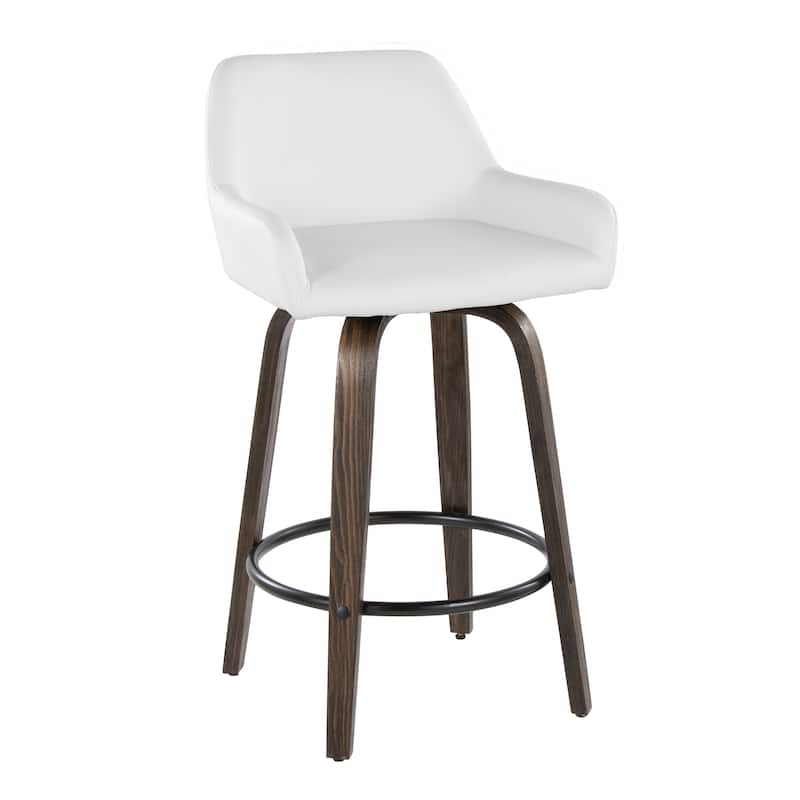Porch & Den Galotti 26" Fixed-Height Counter Stool with Bent Wood Legs & Round Footrest (Set of 2) - White Faux Leather/Walnut Glazed/Black Metal