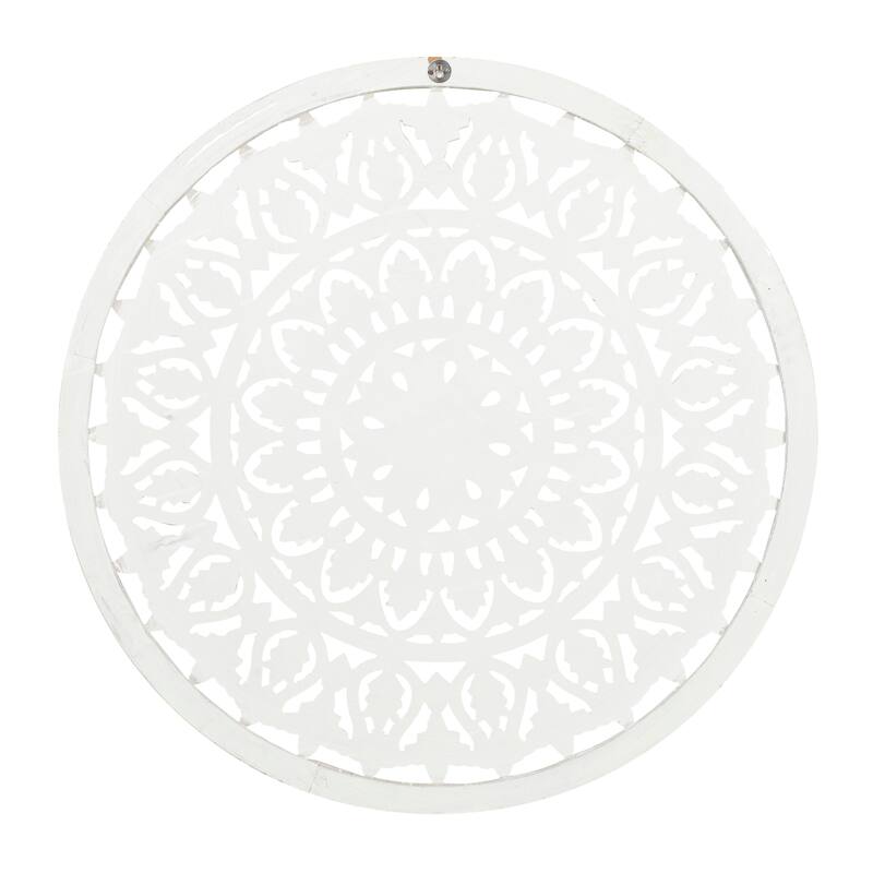 White Wood Handmade Intricately Carved Round Mandala Floral Home Wall Decor