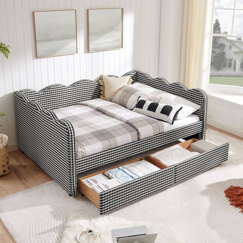 Full Size Upholstery Daybed with 2 Storage Drawers and USB Port, Linen Fabric Sofa Bed with Plaid Pattern and Wavy Silhouette