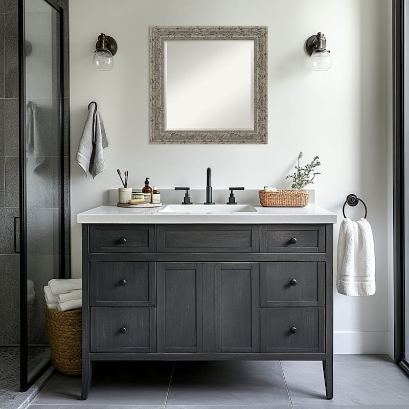 Attic Aged Beveled Wood Framed Bathroom Vanity Wall Mirror