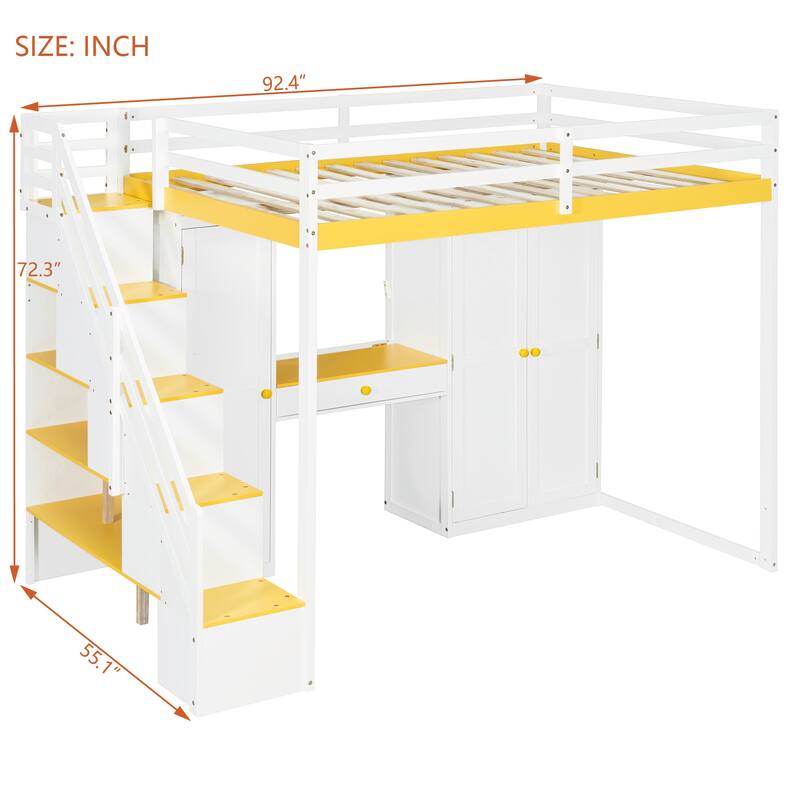 Full Size Loft Bed Frame for Kids with Storage Staircase, Wardrobe, Cabinets, USB, LED and Dressing Table with Mirror and Drawer