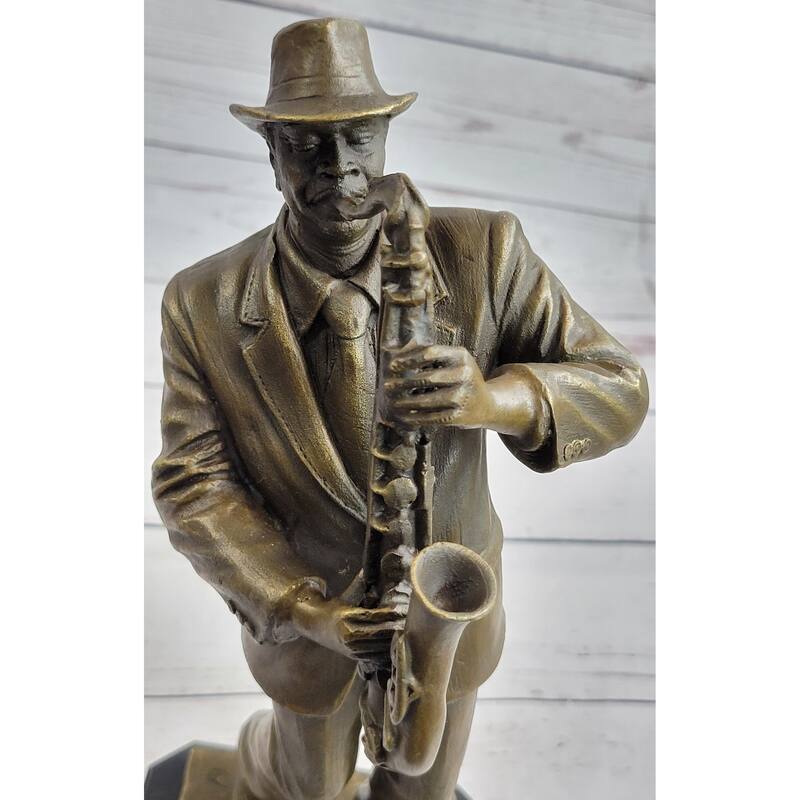 Hot Cast Saxophone Player Bronze Sculpture Marble Base Figurine Figure Home Deco