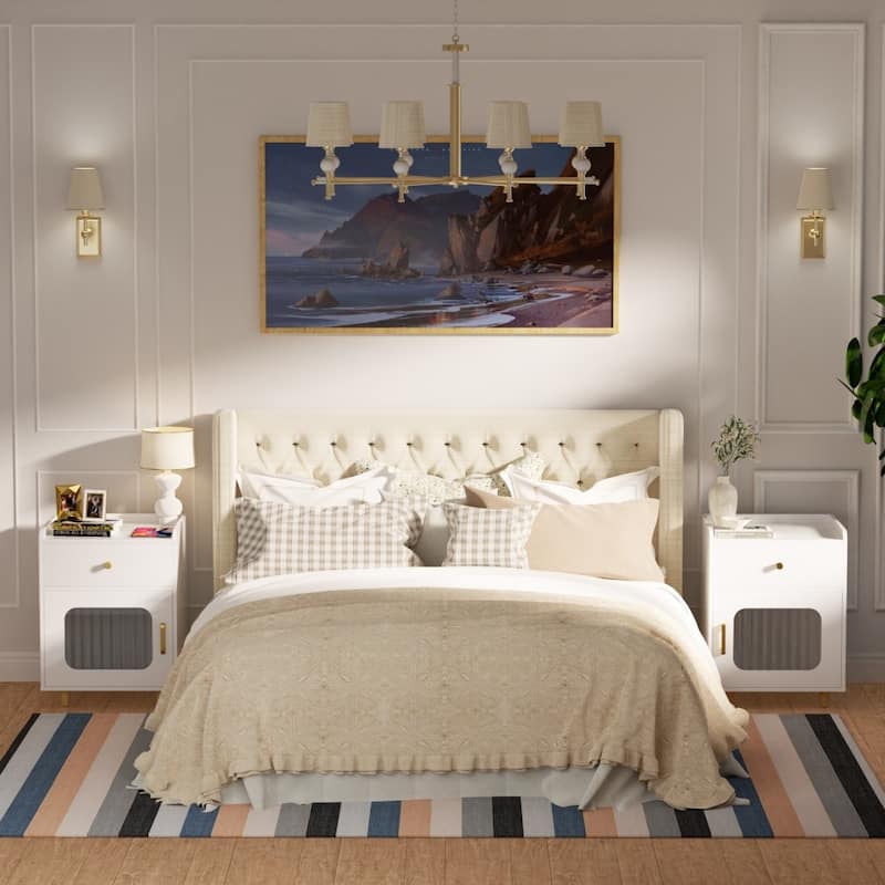 White Wooden Nightstand End Table w Drawer and Glass Door for Bedroom