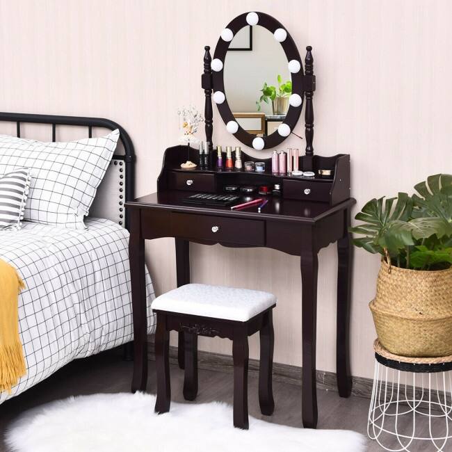 Oval Mirror Vanity Set with 10 LED Dimmable Bulbs and 3 Drawers - 29.5" x 16" x 56.5" (L x W x H)