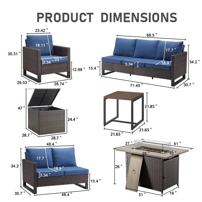 Gymojoy 9 Piece All-Weather Wicker Outdoor Patio Family Conversation Set Group With Fire Pit Table