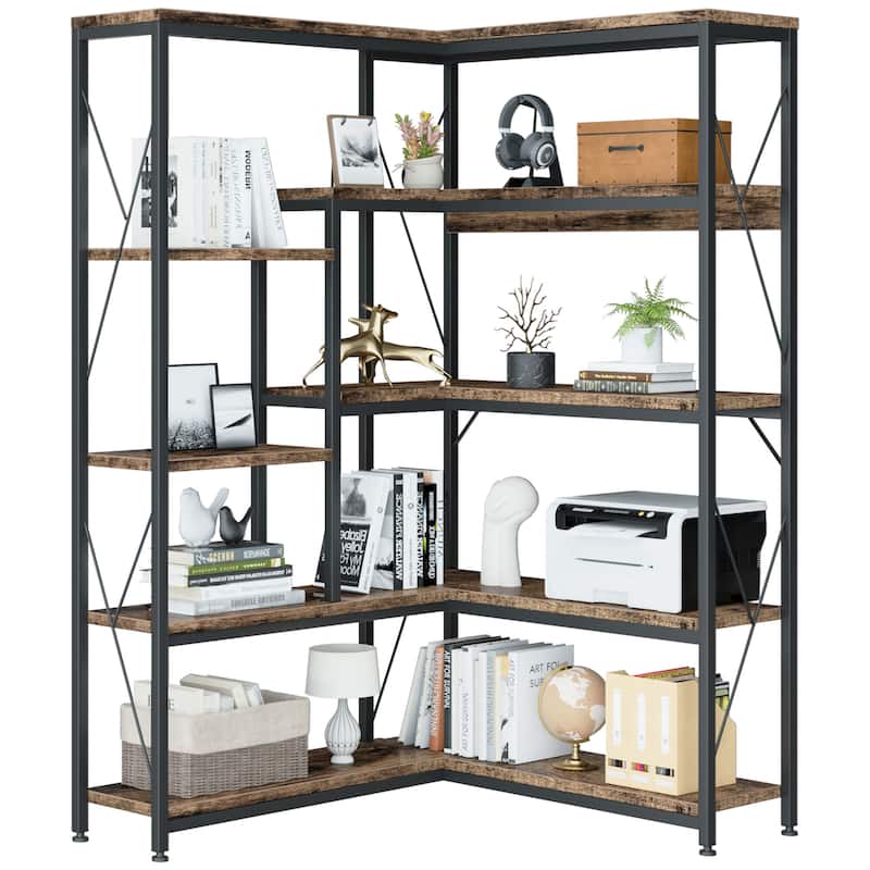 5-Tier L-Shaped Corner Bookshelf, Industrial Style Storage Shelf