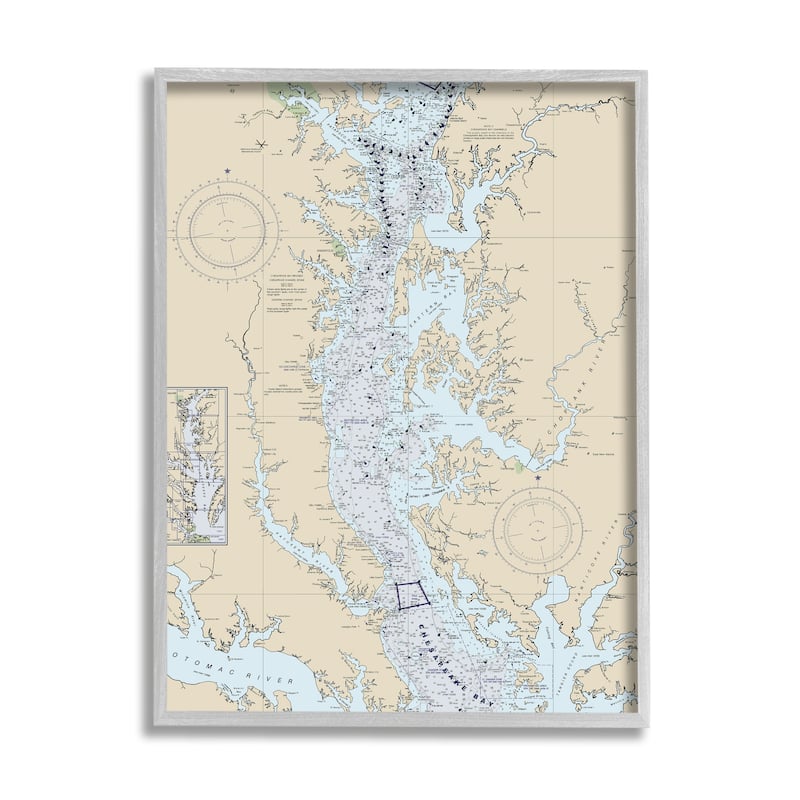 Stupell Potomac River Chesapeake Bay Coastal Map Beige Blue Framed Wall Art