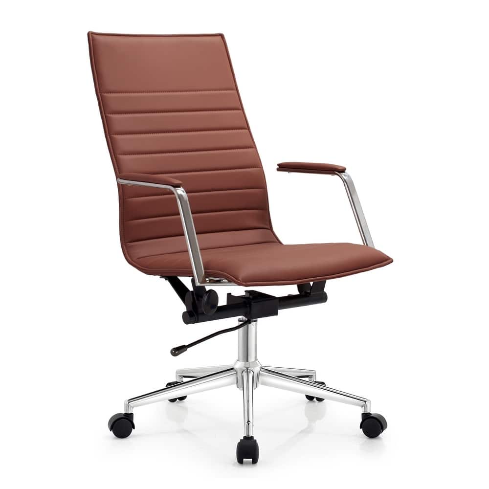 Modern High Back Office Chair With Padded Arms Ribbed PU Leather Tilt Swivel Adjustable For Conference Room Task Work Computer