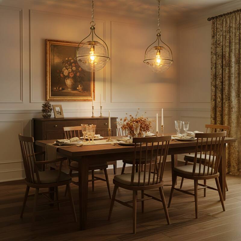 1-Light Modern Transitional Metal & Glass Pendant with Water-Ripple Glass Sphere for Living Room - 13.2" W x 19.3" H