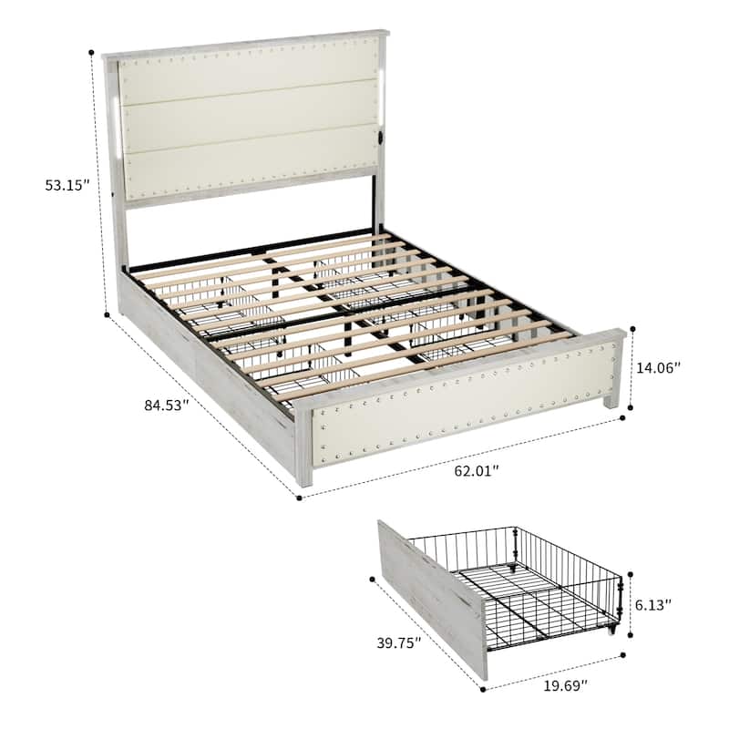 Modern luxury style upholstered bed frame with LED lighted headboard, charging port and nailhead trim, drawers for bedroom