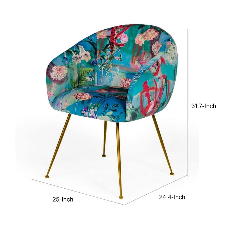 25 Inch Dining Chair, Floral Design, Gold Legs, Blue Velvet Upholstery