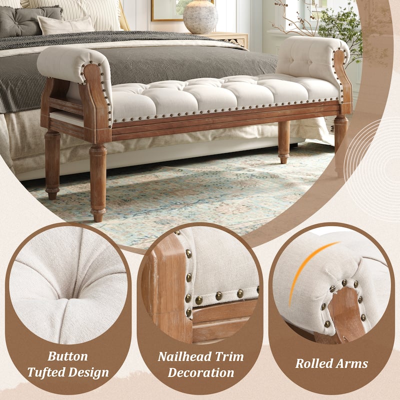 Christopher Knight Home - Mid-Century Solid Rubberwood Upholstered Bench with Rolled Arms, Button-Tufted Cushion & Nailhead Trim
