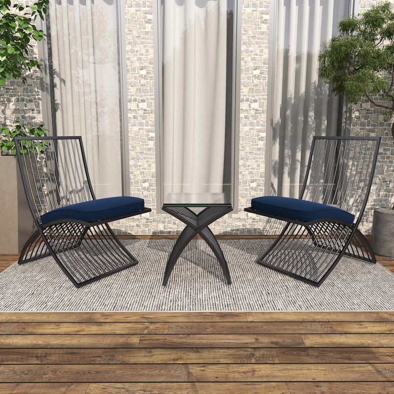 Metal Small Folding Outdoor Seating Set with Navy Cushions - Set of 3 Black - Roche River Decor - 32"W x 21"L x 34"H