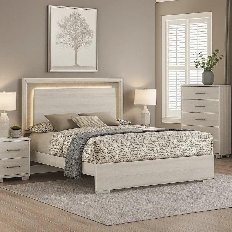 Nomi King Size Bed w LED on Headboard, Antique White Wash Finsih