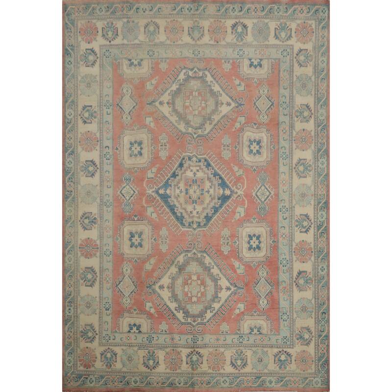 Hand Knotted Oriental 100% Wool Carpet Traditional Geometric Coral Kazak Area Rug - 9' 7'' X 8' 3''