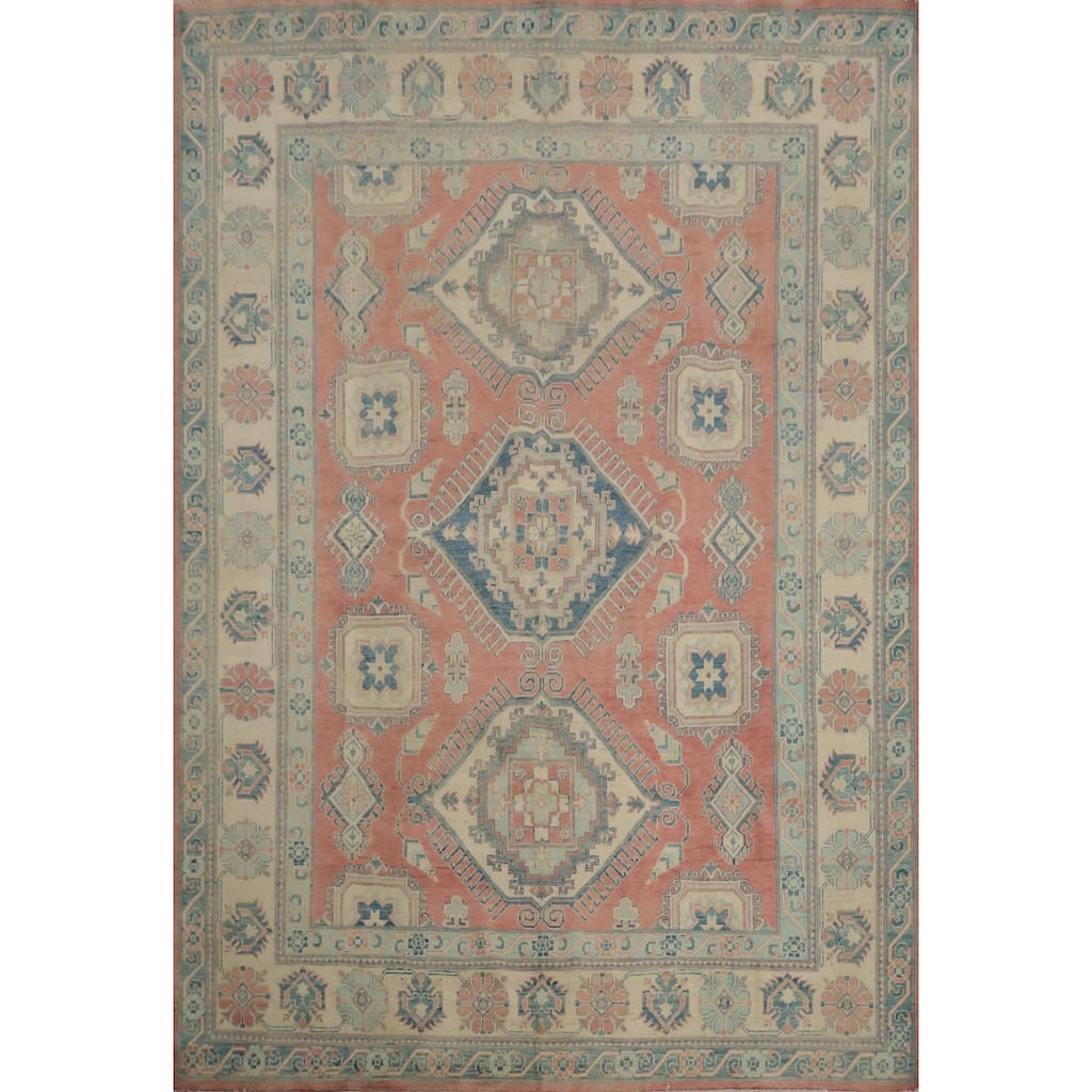 Hand Knotted Oriental 100% Wool Carpet Traditional Geometric Coral Kazak Area Rug - 9' 7'' X 8' 3''