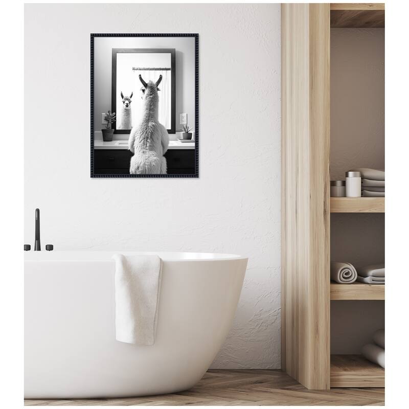 Kate and Laurel Sylvie Llama Bathroom Art Mirror Black and White Framed Canvas by The Creative Bunch Studio