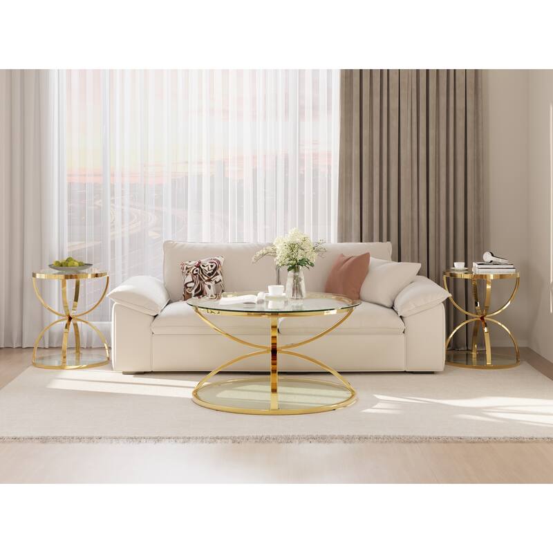 Modern 2 Tiers Glass Coffee Table with Ring-Shaped Metal Frames