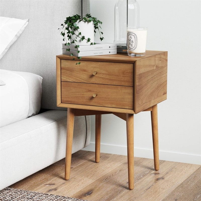 Harper Mid Century Oak Wood Nightstand with 2 Drawers - Oak Brown