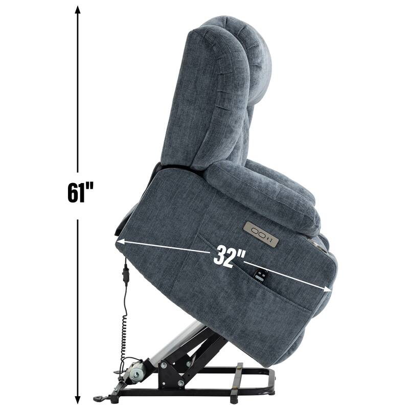 Chenille Power Lift Recliner 8 Point Vibration Massage Chair with Waist Heating, USB Ports and Stainless Steel Cup Holder