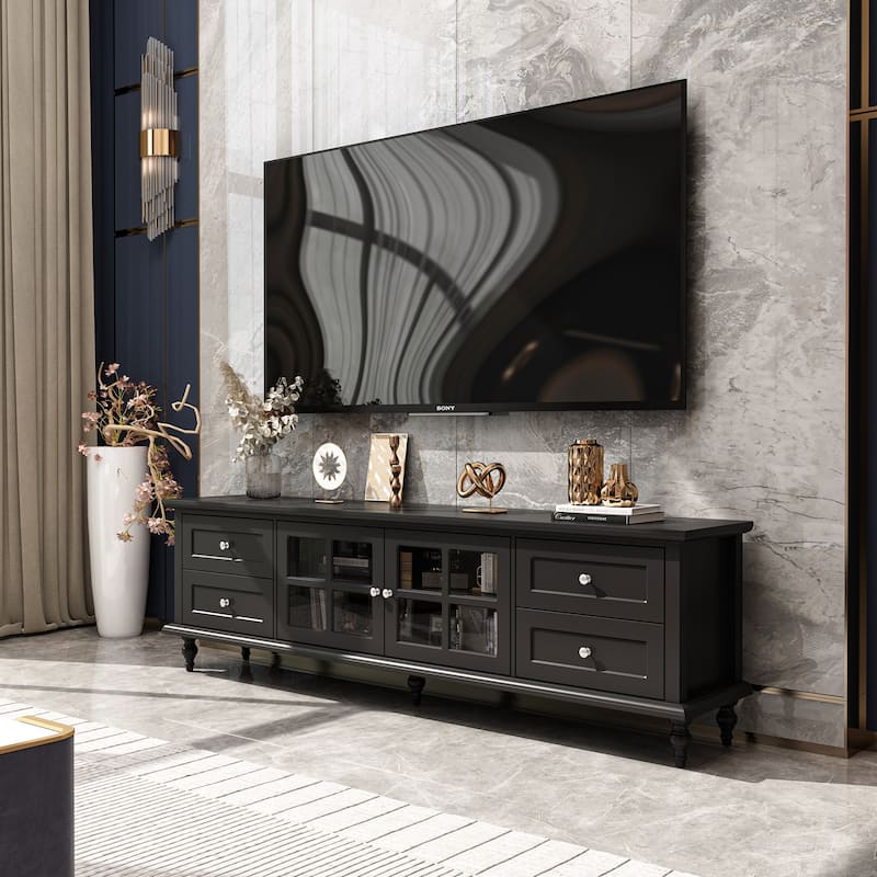 Modern White TV Stand w/Glass Doors and Drawers Entertainment Console - 70.9"